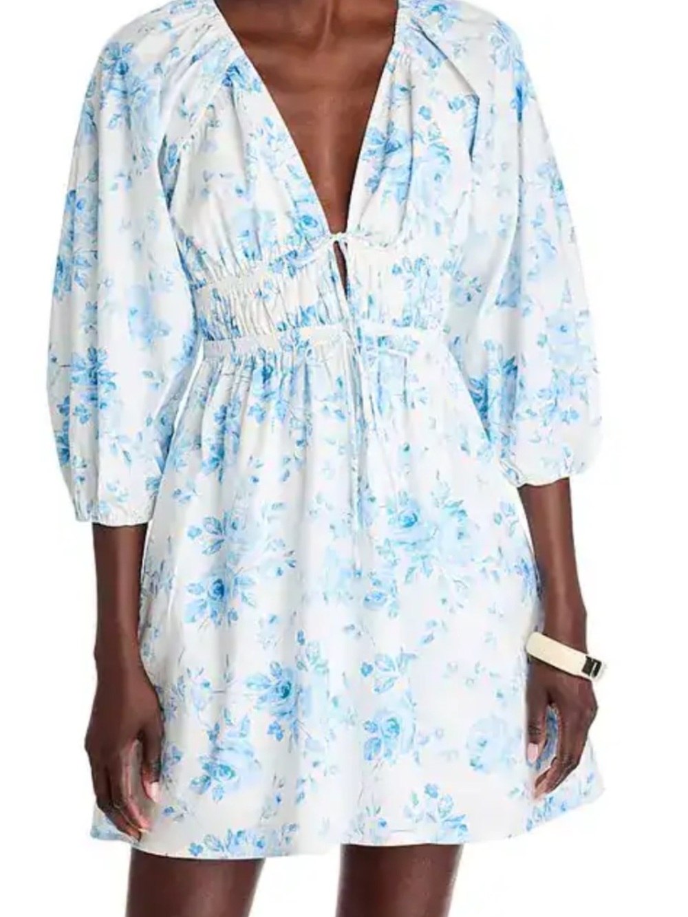 Wayf Leighton poplin Smocked Waist Mini Dress - Blue on White